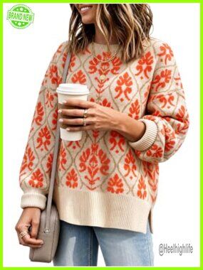 Oversized Floral Knit Sweater Long Sleeve Crew Neck Pullover Top